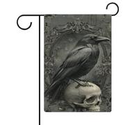 Bandiera da giardino con corvo gotico scuro su un teschio umano, in iuta su entrambi i lati, 30,5 x 45,7 cm
