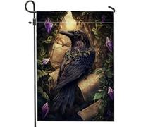 Bandiera da giardino con corvo mistico, uccello piumato scuro con cristalli di ametista, striscione decorativo per la casa, decorazione per esterni su entrambi i lati, per autunno, Halloween
