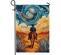 Bandiera da giardino con cowboy del sud-ovest, bandiera arancione blu deserto cavallo decorazione per esterni, bandiera su entrambi i lati in iuta per cortile autunnale decorazione per prato