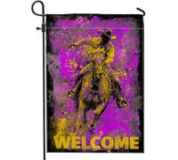 Bandiera da giardino con cowboy occidentale a cavallo, viola giallo splash benvenuto decorazione per la casa, doppia faccia in iuta decorazione per prato all'aperto per feste autunnali 30,5 x 45,7 cm