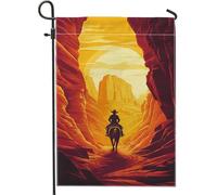 Bandiera da giardino con cowboy occidentale al tramonto, arancione canyon cavaliere per esterni, decorazione per la casa, bandiera da cortile in iuta su entrambi i lati, decorazione per feste