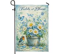 Bandiera da giardino con crisantemo, motivo primaverile con farfalla e uccellino, in iuta blu, double face, decorativa, per esterni, prato, portico, patio, ingresso, 30,5 x 45,7 cm
