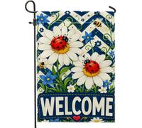Bandiera da giardino con crisantemo, primaverile floreale coccinella ape primavera bianca iuta doppia faccia piccola bandiera da giardino per patio esterno prato portico ingresso campeggio 30,5 x 45,7