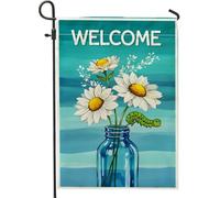 Bandiera da giardino con crisantemo, primaverile, stile casual, a forma di bruco primaverile, blu, double face, bandiere decorative per esterni, patio, prato, portico anteriore, balcone, 30,5 x 45,7