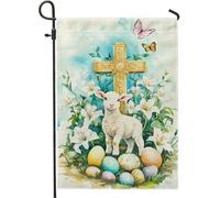 Bandiera da giardino con croce di agnello, uova di Pasqua colorate e farfalle, decorazione per esterni, in iuta su entrambi i lati, bandiera primaverile per cortile, decorazione per le vacanze, 30,5 x