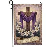 Bandiera da giardino con croce, elegante e religioso, con gigli viola, tenda pasquale viola su entrambi i lati, piccola bandiera da giardino per esterni, patio, prato, portico, ingresso, campeggio