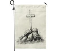 Bandiera da giardino con croce su pietra, croce grigia e roccia, decorazione per esterni, bandiera rustica autunnale da cortile per casa, decorazione per prato su entrambi i lati, 30,5 x 45,7 cm