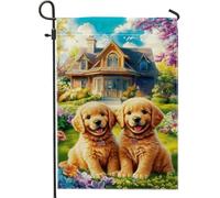 Bandiera da giardino con cuccioli dorati, adorabile decorazione gialla per cani da laboratorio per primavera estate gioiosa decorazione per esterni, bandiera da cortile in iuta su entrambi i lati, per