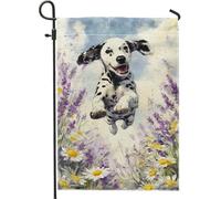 Bandiera da giardino con cucciolo dalmata felice, fantasiosa lavanda margherita, decorazione per la casa, in iuta su entrambi i lati, decorazione per prato all'aperto a tema cane, 30,5 x 45,7 cm