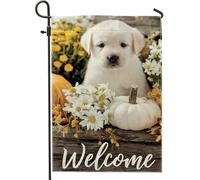 Bandiera da giardino con cucciolo di benvenuto, decorazione floreale gialla con zucca e margherita, striscione in iuta su entrambi i lati per autunno decorazione per prato all'aperto 30,5 x 45,7 cm