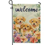 Bandiera da giardino con cucciolo di benvenuto, decorazione floreale per esterni a tema cane giallo, striscione primaverile estivo da cortile, bandiera in iuta su entrambi i lati per la decorazione