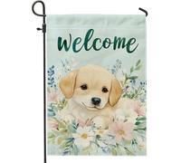 Bandiera da giardino con cucciolo di benvenuto, decorazione floreale per esterni con cane labrador giallo, decorazione primaverile estiva per prato, bandiera da giardino su entrambi i lati, per casa e
