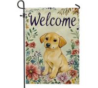Bandiera da giardino con cucciolo di benvenuto, design floreale giallo per esterni, bandiera da cortile in iuta su entrambi i lati per primavera estate, decorazione per la casa degli amanti degli