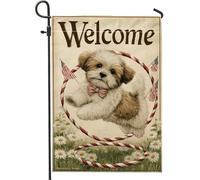 Bandiera da giardino con cucciolo di benvenuto, striscione decorativo per la casa con simpatico cane, bandiera su entrambi i lati per esterni per primavera estate, decorazione fantasiosa per prato