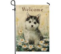 Bandiera da giardino con cucciolo di husky, grigio carino cane floreale, decorazione per la casa all'aperto, bandiera da cortile in iuta su entrambi i lati per primavera estate, decorazione per prato