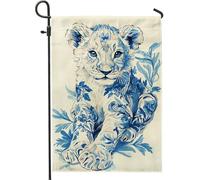 Bandiera da giardino con cucciolo di leone floreale blu, decorazione estiva per la casa, bandiera da cortile in iuta su entrambi i lati, per esterni, decorazione per feste, 30,5 x 45,7 cm