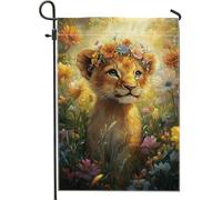 Bandiera da giardino con cucciolo di leone floreale, decorazione colorata per primavera estate all'aperto cortile, striscione in iuta su entrambi i lati per la decorazione del prato 30,5 x 45,7 cm