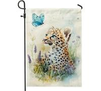 Bandiera da giardino con cucciolo di leopardo primaverile ed estate, simpatica bandiera marrone con farfalla per la decorazione della casa e il giardino, bandiera da giardino in tessuto morbido su
