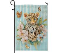 Bandiera da giardino con cucciolo di leopardo primaverile ed estate, striscione decorativo blu floreale natura, bandiera da cortile in tessuto su entrambi i lati, per decorazione esterna del prato