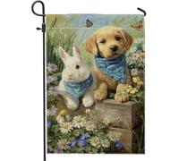 Bandiera da giardino con cucciolo e coniglio, bandiera blu con animali amici, bandiera decorativa per la casa, bandiera da cortile in iuta su entrambi i lati, per primavera estate e esterni