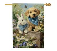 Bandiera da giardino con cucciolo e coniglio, bandiera blu con animali amici, bandiera decorativa per la casa, bandiera da cortile in iuta su entrambi i lati, per primavera estate e esterni