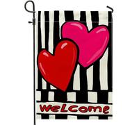 Bandiera da giardino con cuori, moderna e giocosa a righe con scritta "Welcome Spring", in iuta rossa, su entrambi i lati, decorativa, per esterni, patio, prato, portico anteriore, balcone, 30,5 x