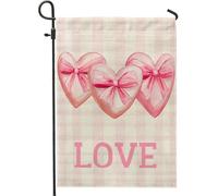 Bandiera da giardino con cuori, romantici fiocchi fantasiosi a scacchi, San Valentino, pesca su entrambi i lati, bandiere decorative per esterni, portico, prato, patio, terrazza, 30,5 x 45,7 cm