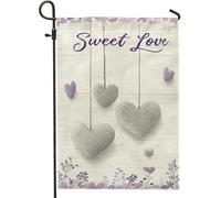 Bandiera da giardino con cuori, romantici fiori fantasiosi, per San Valentino, viola, bandiere decorative su entrambi i lati, per esterni, patio, prato, portico anteriore, balcone, 30,5 x 45,7 cm