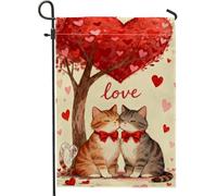 Bandiera da giardino con cuori, romantici gatti fantasiosi, albero di San Valentino, in iuta rossa, su entrambi i lati, piccola bandiera da giardino per esterni, prato, portico, patio, ingresso, 30,5