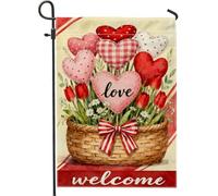 Bandiera da giardino con cuori, romantico, fantasioso, con tulipani, per San Valentino, in iuta rossa, su entrambi i lati, bandiere decorative per esterni, patio, prato, portico, ingresso, campeggio