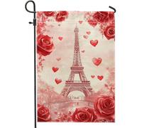 Bandiera da giardino con cuori rossi per San Valentino, romantica torre Eiffel, decorazione per esterni, bandiera da giardino in iuta su entrambi i lati, decorazione per la casa, 30,5 x 45,7 cm