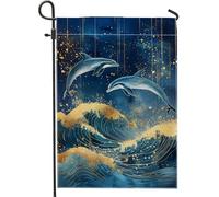 Bandiera da giardino con delfini blu oceano, due delfini giocosi motivo a onde decorazione per la casa e il giardino, bandiera paesaggistica su entrambi i lati, decorazione stagionale per esterni