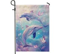 Bandiera da giardino con delfini blu oceano, fantasiose creature marine farfalla Yard Banner, decorazione decorativa per esterni su entrambi i lati, bandiera a tema spiaggia primavera estate prato