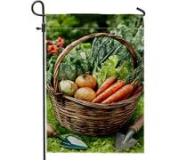 Bandiera da giardino con design a cesto di verdure, decorazione colorata con carote e verdi, striscione in iuta su entrambi i lati per decorazione primaverile all'aperto del prato 30,5 x 45,7 cm