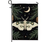 Bandiera da giardino con design falena lunare, foglia nera cielo notturno, striscione all'aperto primaverile estate, bandiera da giardino in iuta su entrambi i lati, per la decorazione del prato