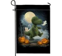 Bandiera da giardino con dinosauri di Halloween, bandiera verde con simpatici dinosauri fantasmi zucca decorazione per la casa, bandiera da cortile in iuta su entrambi i lati, decorazione per feste