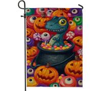 Bandiera da giardino con dinosauri di Halloween, decorazione per esterni colorata con zucca e caramelle, in iuta su entrambi i lati, per celebrazione autunnale, 30,5 x 45,7 cm