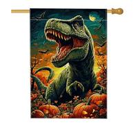 Bandiera da giardino con dinosauro di Halloween, verde con zucche e pipistrelli, decorazione per esterni, striscione per prato in iuta su entrambi i lati per decorazione per feste di festa, 71 x 101
