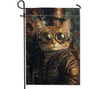 Bandiera da giardino con disegno di gatto fantastico, striscione di decorazione del gatto steampunk marrone vintage bandiera del prato in tessuto double face per la decorazione della casa all'aperto
