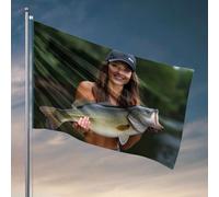 Bandiera da giardino con donna che mostra con orgoglio la sua grande cattura. Bandiera uomo grotta bar camera ragazzi decorazione adolescente (152 x 244 cm)