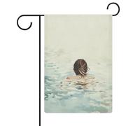 Bandiera da giardino con donna che nuota nel mare durante le vacanze stagionali in tela da imballaggio su entrambi i lati, 30,5 x 45,7 cm