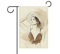 Bandiera da giardino con donna che tiene un cappello, linee semplici, minimalista, bandiera da giardino, vacanze stagionali, juta, double face, bandierine per esterni, 30,5 x 45,7 cm