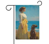 Bandiera da giardino con donna con cane marrone vicino al mare, bandiera stagionale per vacanze in iuta, doppia faccia, bandierine esterne da cortile 30,5 x 45,7 cm