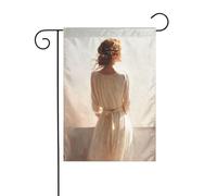 Bandiera da giardino con donna in piedi vicino a una finestra, 30 x 45 cm, verticale, double face, decorazione per casa colonica