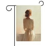 Bandiera da giardino con donna in piedi vicino a una finestra, in iuta su entrambi i lati, 30,5 x 45,7 cm