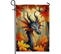 Bandiera da giardino con drago autunnale, creatura fantasy nera con foglie arancioni, striscione decorativo per la casa, in iuta su entrambi i lati, decorazione per prato all'aperto per Halloween