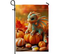Bandiera da giardino con drago autunnale, simpatica creatura fantasy turchese, decorazione per esterni, striscione su entrambi i lati per prato per Halloween, decorazioni per il Ringraziamento, 30,5 x