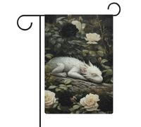 Bandiera da giardino con drago bianco che dorme foresta fantasy arte da giardino stagionale vacanza juta doppia faccia bandiere esterne 30,5 x 45,7 cm