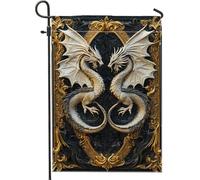 Bandiera da giardino con drago, bianco e oro con creature magiche decorative per esterni, bandiera da cortile in poliestere su entrambi i lati, decorazione per feste stagionali, 30,5 x 45,7 cm