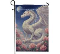 Bandiera da giardino con drago bianco fantasia, decorazione floreale per la casa, in iuta su entrambi i lati, decorazione per prato esterno per primavera estate 30,5 x 45,7 cm